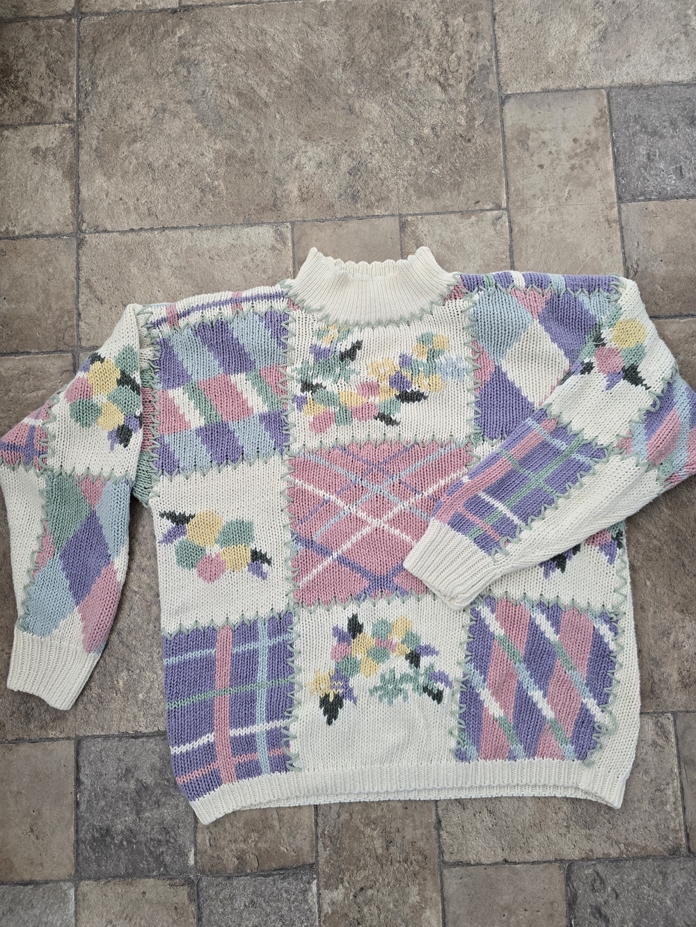 Vintage 90s Maggie Lawrence Patchwork Knit Sweater Pastel Floral Grannycore